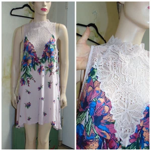 Free People Intimately Lilac Lace Y2K Shark Bite Hem Floral Night Gown Dress L - Picture 1 of 13
