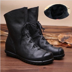  Genuine Leather Women plush Boots Booties Soft Cowhide Front Zip Ankle Boots 