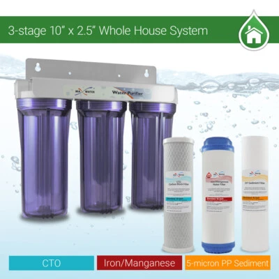 Max  Water 3 Stages 10"x 2.5" 3/4" Port Whole House Iron Manganese Water Filter - Image 1 of 4