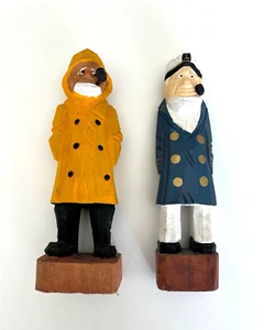 2 Carved Wood Figurines, Ships Captain & Fisherman 6" Tall Nautical Beach House - Picture 1 of 2