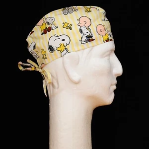 Peanuts Gang Characters on Yellow Stripe theme scrub hat - Picture 1 of 1
