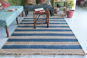 Beige Jute Rug With Blue Stripes Line And Fringes Jute Rug Home Decorative Rug - Picture 1 of 8