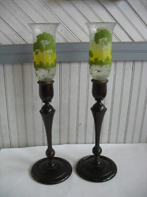 PR Pairpoint Ambero Scenic TREES Torchiere Shades Walnut Base Candlesticks 23" - Image 1 of 4