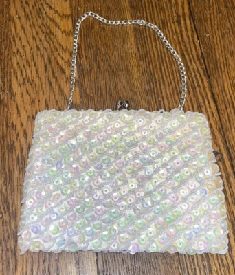 Vintage 1960s Evening Bag White Sequins and Beads Kiss Lock Handmade Hong Kong - Image 1 of 4