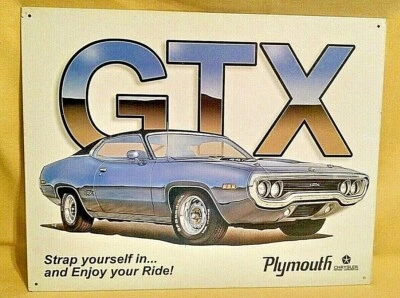 GTX Plymouth Chrysler Sign Tin Metal Desperate Ent 844 Blue Black Enjoy Ride - Image 1 of 4