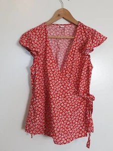 Old Navy Women's Top S Wrap Blouse Red White Daisy Floral Tall Size - Picture 1 of 6