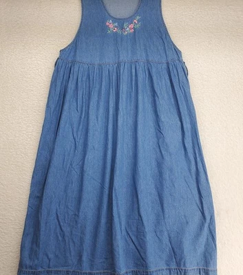 VTG Maternity Denim Jumper Dress Medium Blue Overall Embroidered 100% Cotton - Image 1 of 4