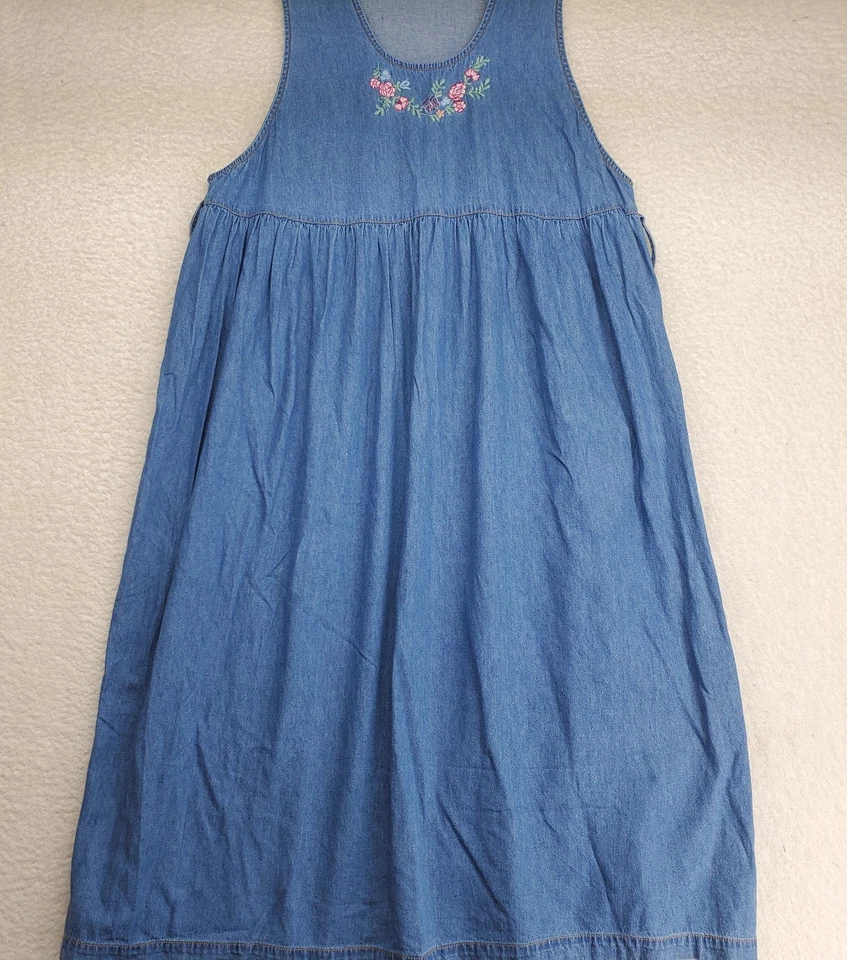 VTG Maternity Denim Jumper Dress Medium Blue Overall Embroidered 100% Cotton - Image 1 of 4