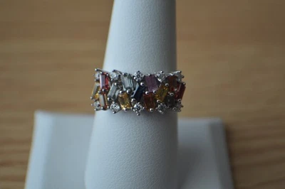2.10ct Multi Sapphire / Moissanite Ring Rhodium Plated over Fine Silver Size 8 - Image 1 of 4
