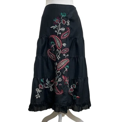 Carol Little VTG 90s Black Silk Tiered Beaded Embroidered Midi Skirt sz 12 - Image 1 of 4
