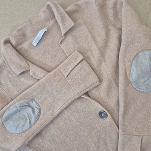 Fabiana Filippi Wool Silk Cashmere Cardigan Sweater Womens Large Tan Elbow Patch - Picture 1 of 8
