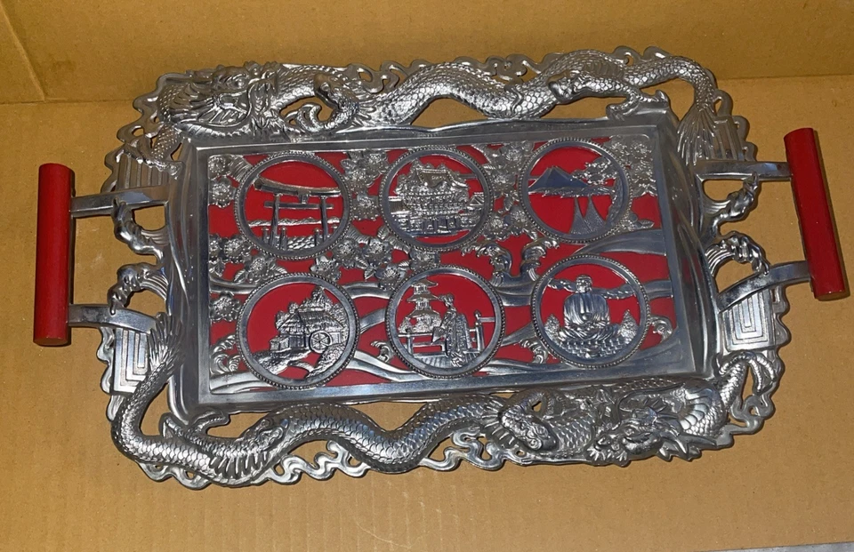 Chinese Scenic Tray Panels Depicting Torii gate, a temple, and Mount Fuji Etc - Image 1 of 4