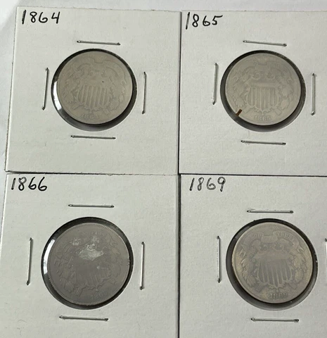 4 Different Two Cent Type Coins VG-F Condition 1864, 1865, 1866 and 1869 Cover