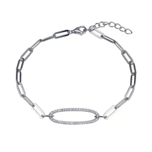 Bracciale In Argento Sterling Con Maglie A Clip E Pietre CZ Ovali Aperte - Foto 1 di 2