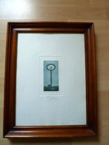 Farbige Druckgrafik, Schlüssel aus dem Wasser tropft, signiert, in Holzrahmen - Bild 1 von 2