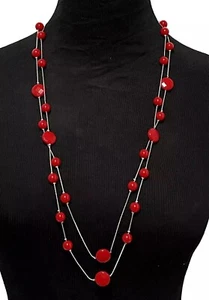 Valentine’s Day Christmas Red Necklace Spaced Beads Double Strand Silver Toned - Picture 1 of 5