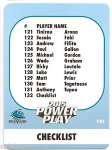 2015 NRL Power Play Base Card (132) Sharks Check List - Picture 1 of 1