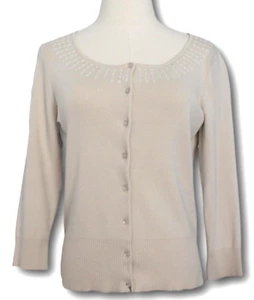 ANN TAYLOR LOFT (M) Embellished Scoop Neck 3/4 Sleeve Cardigan Ivory - Picture 1 of 4