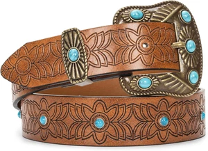 Western-Leather-Belts for Women Turquoise-Oval-Buckle Embossed Cowgirl Belt  - Picture 1 of 12