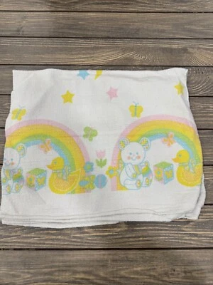 Vintage Riegel Baby Blanket Pastel Rainbow Duck & Bear Design White Cotton Blend - Image 1 of 4
