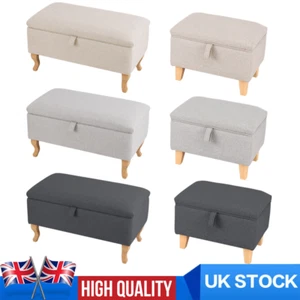 Linen Fabric Foot Stool Rest Poffee Ottoman Storage Box Cabinet Chair 4 Wood Leg - Picture 1 of 13