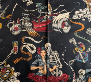 Alexander Henry Cotton Fabric Denim & Demons Hotrod Nighmare Black 45" Wide BTY - Picture 1 of 9