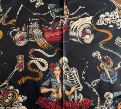 Alexander Henry Cotton Fabric Denim & Demons Hotrod Nighmare Black 45" Wide BTY - Image 1 of 4