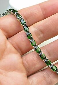 14K White Gold Plated Silver 15Cts Oval Cut Emerald Tennis Necklace Simulated