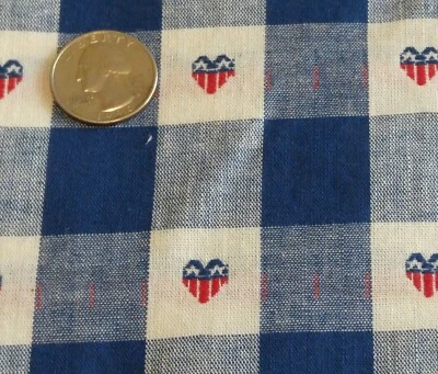 Cotton Fabric Gingham Check USA FLAG HEARTS Red White Blue Table 58" W x 2 Yds - Image 1 of 4