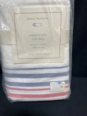 Pottery Barn Baby органический Cole кроватки юбка хлопок 16» падение красный синий полоски новый - Изображение 1 из 2