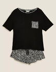 New M&s Black Mix Leopard Print Short Sleeve Shorts Pyjama Sets - Size Uk 12