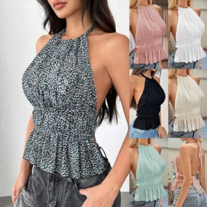 Sexy Womens Halter Neck Cami Shirts Summer Chiffon Tops Backless Beach Vest UK - Picture 1 of 24