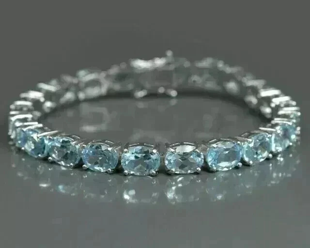 925 Silver Oval Cut Lab Created Aquamarine Tennis Bracelet 14K White Gold Over - Image 1 of 1