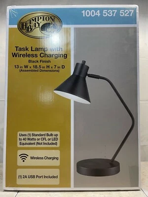 Hampton Bay 19 in. Black Task Desk Lamp w/ Wireless & USB Charging Station NIB - Image 1 of 4