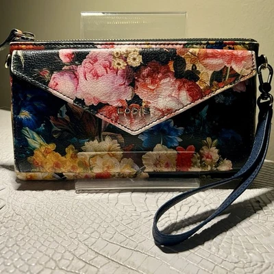 Bandolera Cartera Muñequera Lodis Cuero Negro Estampado Floral NUEVO Foto 1 de 4