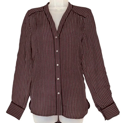 Blusa Vince Seda Botão Frontal Estampa Geométrica Azul Marinho Vermelho Ajuste Relaxado Nova Com Etiqueta Pequena - Imagem 1 de 4