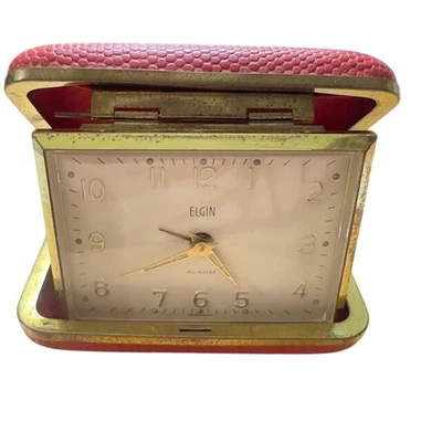 Vintage Elgin Alarm Clock Red Case Gold Tone Mechanical Travel Alarm - Image 1 of 4