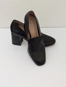 Antonio Melani Black Leather Y2K Slip On Block Heeled Loafers Sz 8.5 Career Wear - Picture 1 of 16