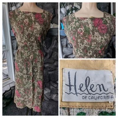 Vtg 60s Helen Of California Dress Square Neck Button Back Gold Threads Bustle SM - Image 1 of 4