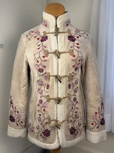 Vtg 90s St Johns Bay Embroidered Leather Coat Jacket Penny Lane Phoebe Friends S - Picture 1 of 11