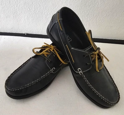Hombres 2 Ojos Clásicos Cuero Barco Zapatos Azul Marino Mocasín Plano Talla 10  Foto 1 de 4