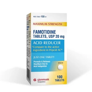 Glenmark Maximum Strength Famotidine Tablets 20 mg Acid Reducer for Heartburn... - Picture 1 of 7