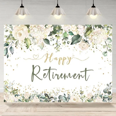 Happy Retirement Backdrop 7x5ft White Flowers Green Leaves Glitter Gold - Image 1 of 4