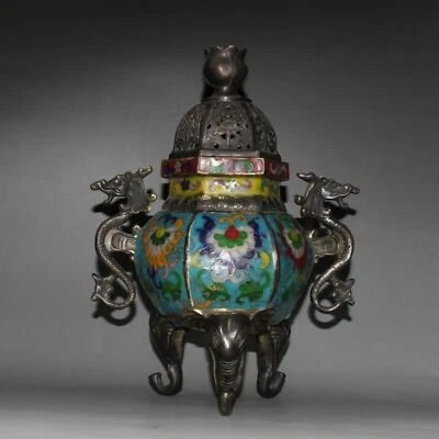 Quemador de incienso de seis esquinas doble oreja de dragón Cloisonne de latón chino de 10,8" Foto 1 de 4