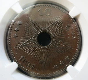 CONGO FREE STATE Belgium 10 centimes 1894 NGC AU 58 UNC Bronze Colony Africa - Picture 1 of 3