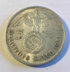 Nazi Germany 1938 Genuine WW2 Third Reich 5 Reichsmark 90% Silver Coin - Picture 1 of 2