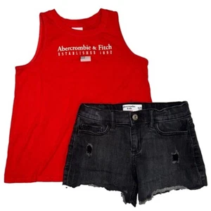 Abercrombie red tank w/ American flag & Black Denim shorts both size 11/12🇺🇸 - Picture 1 of 11