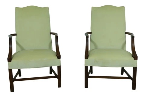 33249EC: Pair Mahogany Upholstered Open Arm Lolling Chairs Cover