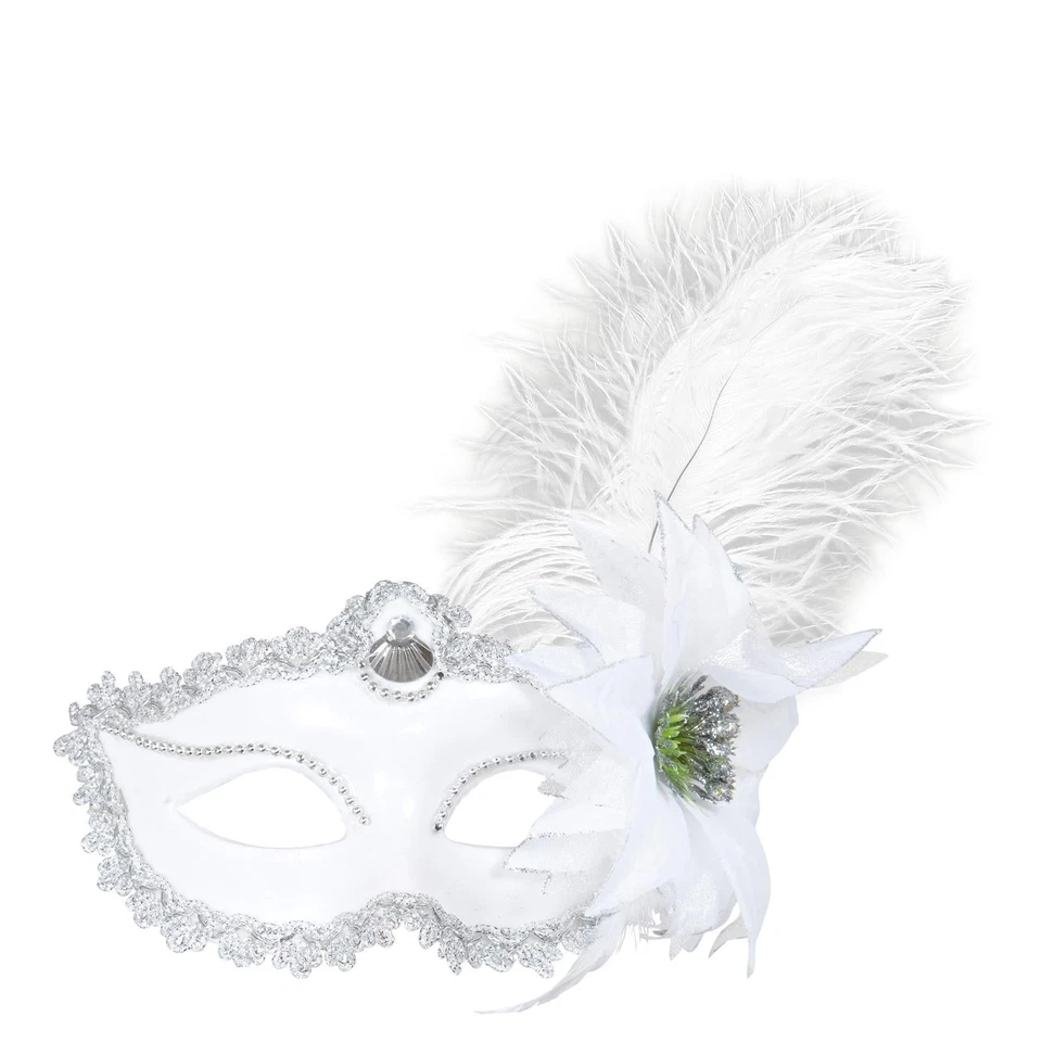 MASCHERA DOMINO BIANCO CON ROSA E PIUME - Immagine 1 di 1