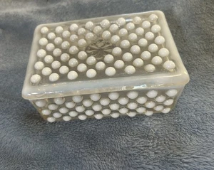 Fenton Moonstone Trinket Box Dish Opalescent White Glass Lidded Hobnail Vintage - Picture 1 of 11
